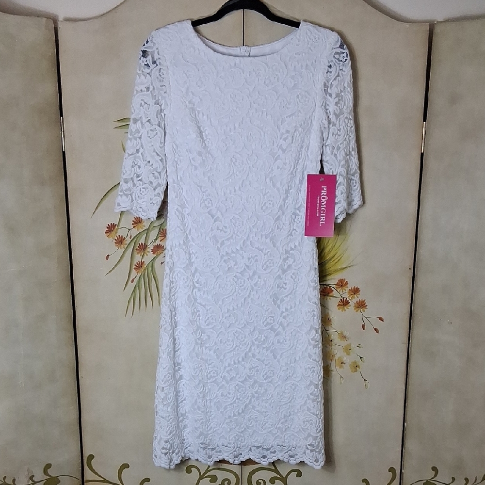 PromGirl White Sheath Dress with 3/4 Sleeves and Crew Neckline